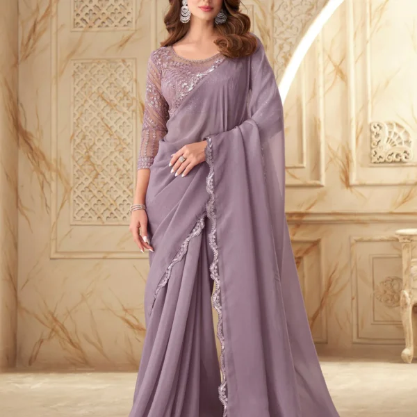 Lovender Purple Georgette Designer Fancy Silk Saree With Embroidered Blouse