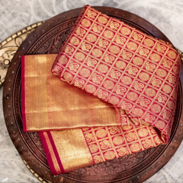 Chilly Red Bridal Kanchipuram Silk Saree with Peacock Motifs